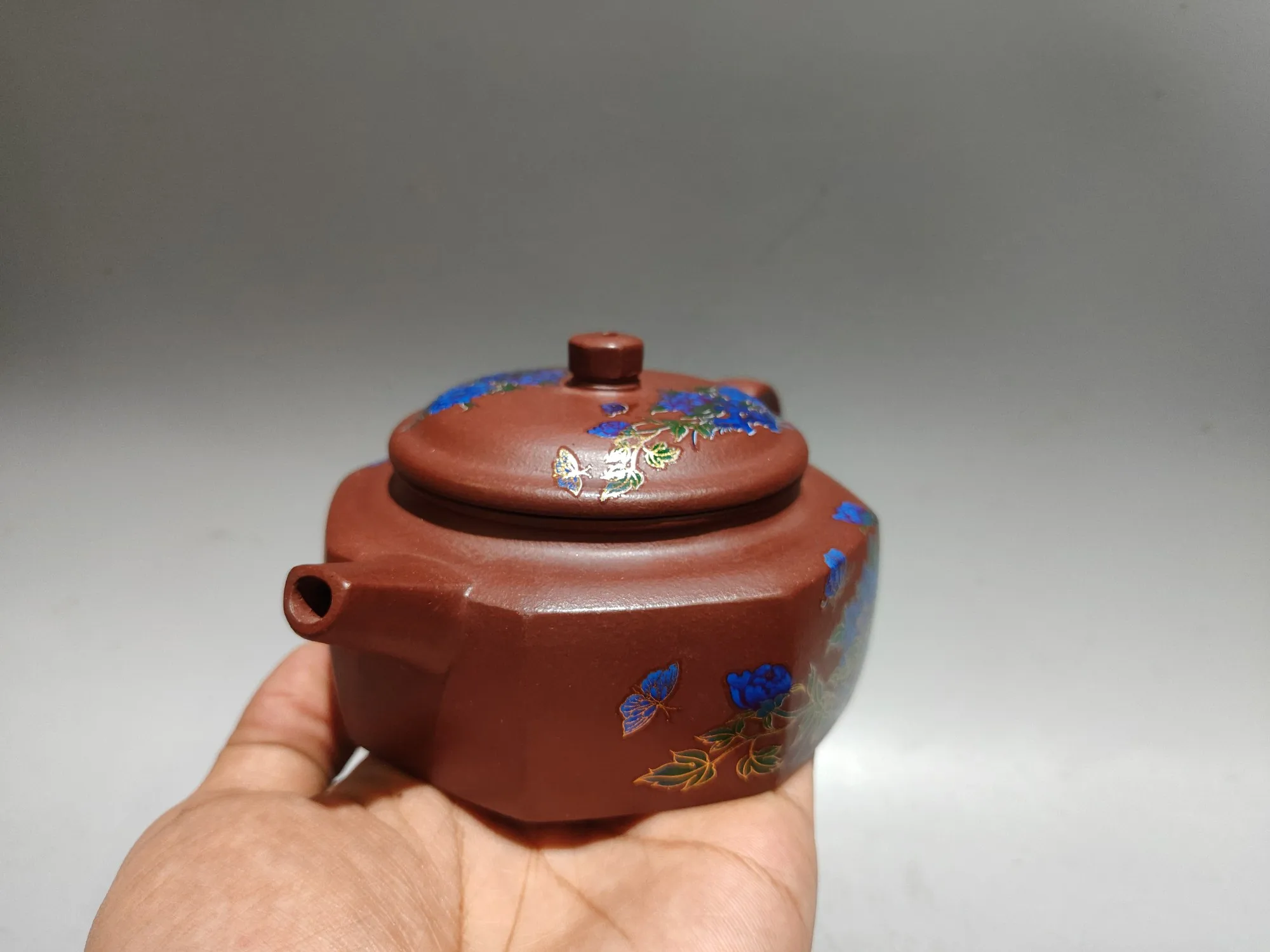 Purple Clay Teapot Painted Butterfly and Peony Flower Pattern Octagonal shaped pot Kettle Teapot Flagon Amass wealth
