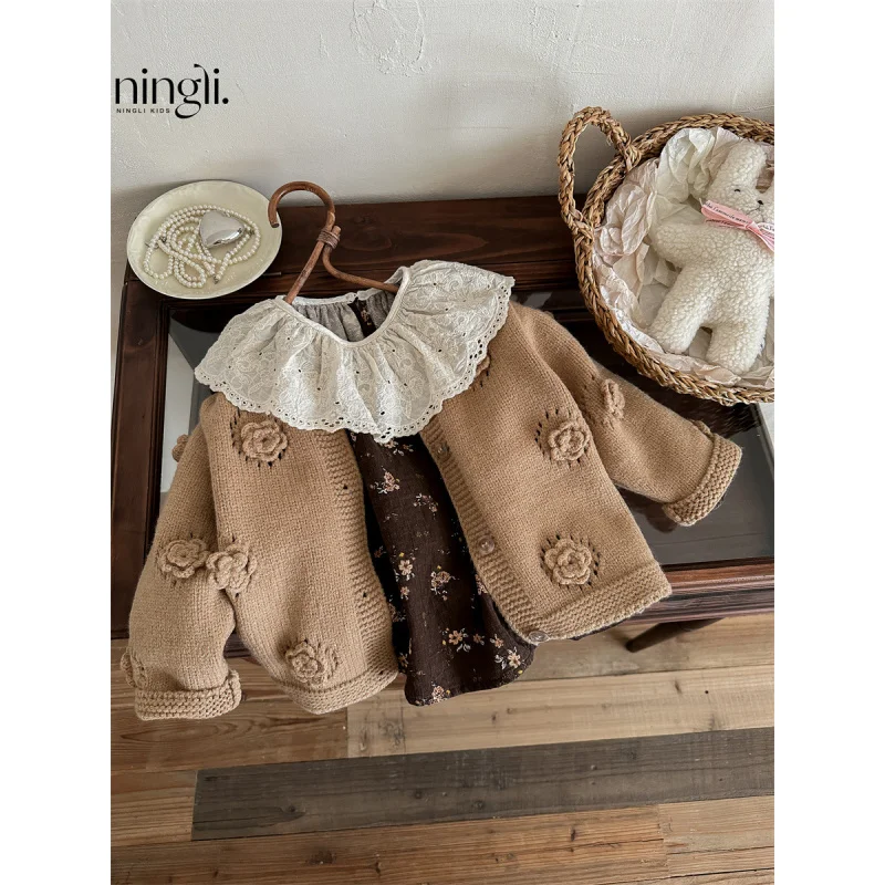 

NL-Mori Style Girl's Knitted Shirt Bottoming Shirt Spring and Autumn Baby Autumn Top New Children'sTT-shirt Floral Suit