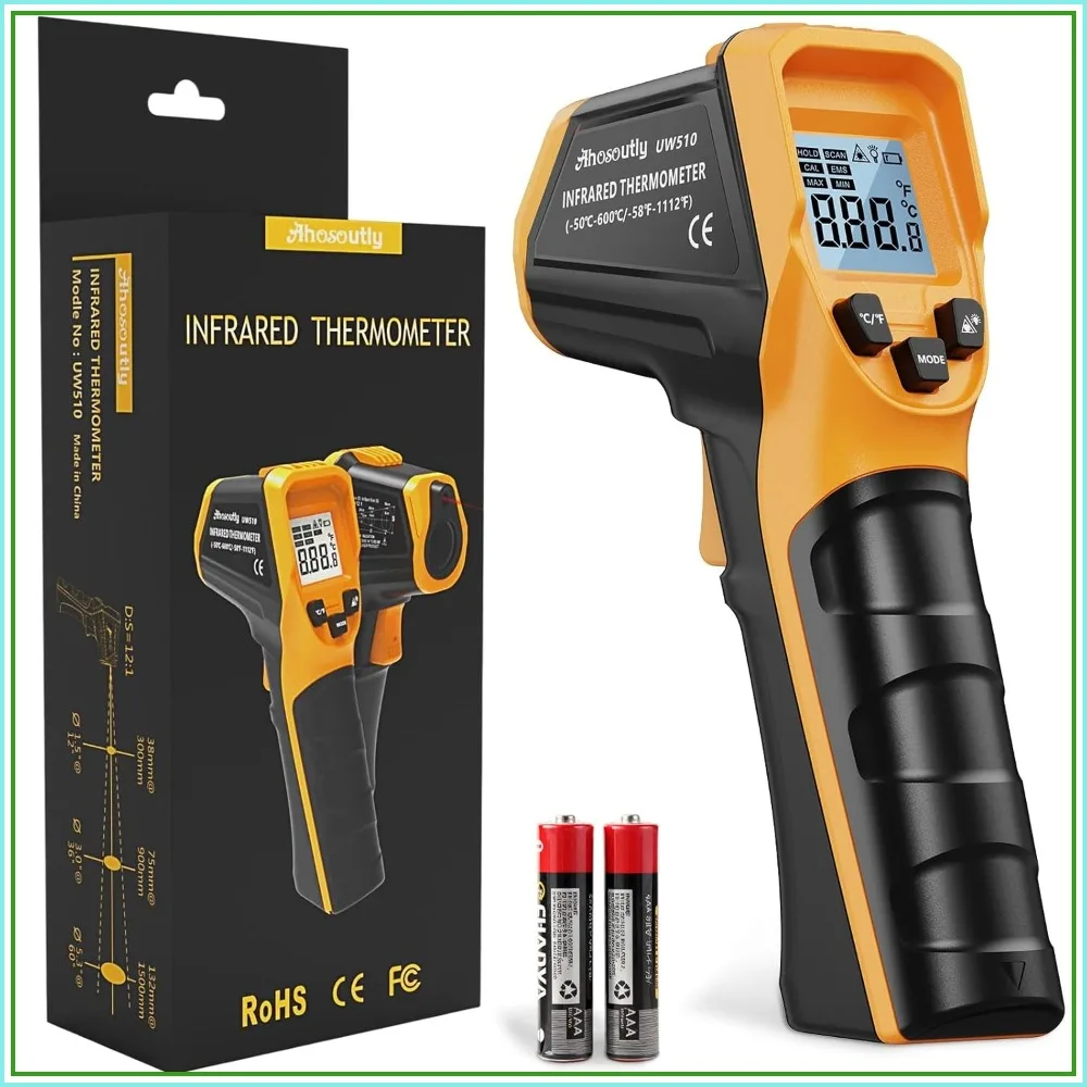 Infrared Thermometer Laser Temp Gun -58°F to 1112°F, Calibration & Adjustable Emissivity, Min/Max, for Cooking, HVAC, Auto