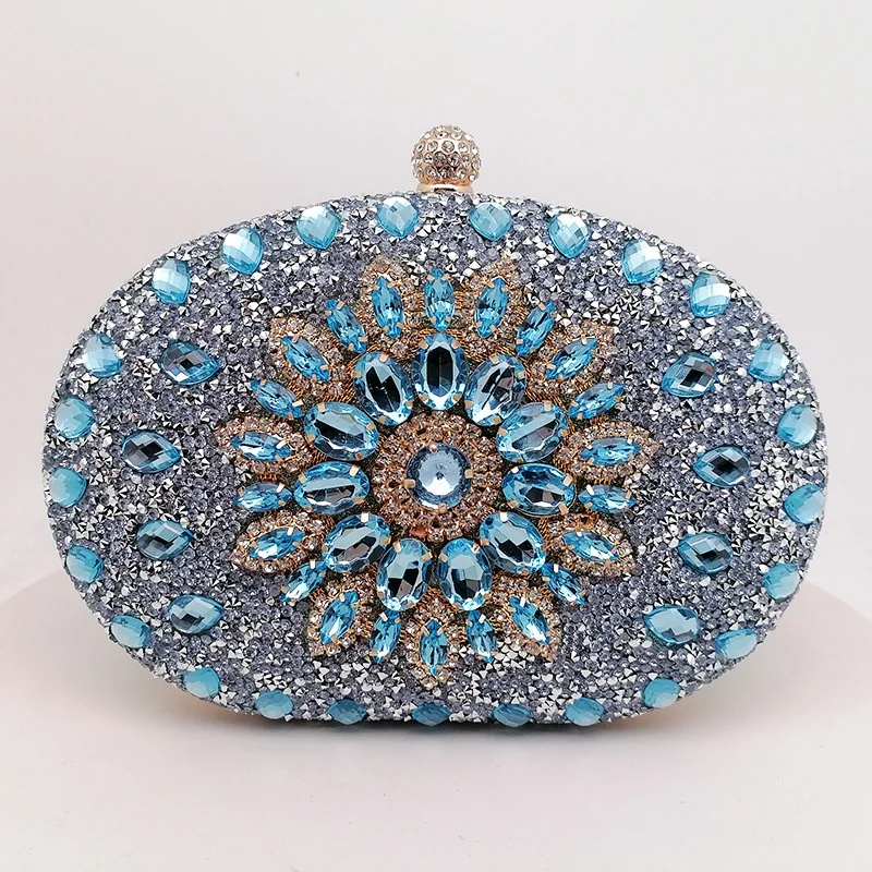Luxury Blue Crystal Rhinestone Box Clutch Bag Women Hard Shell Purse for Wedding Party Evening
