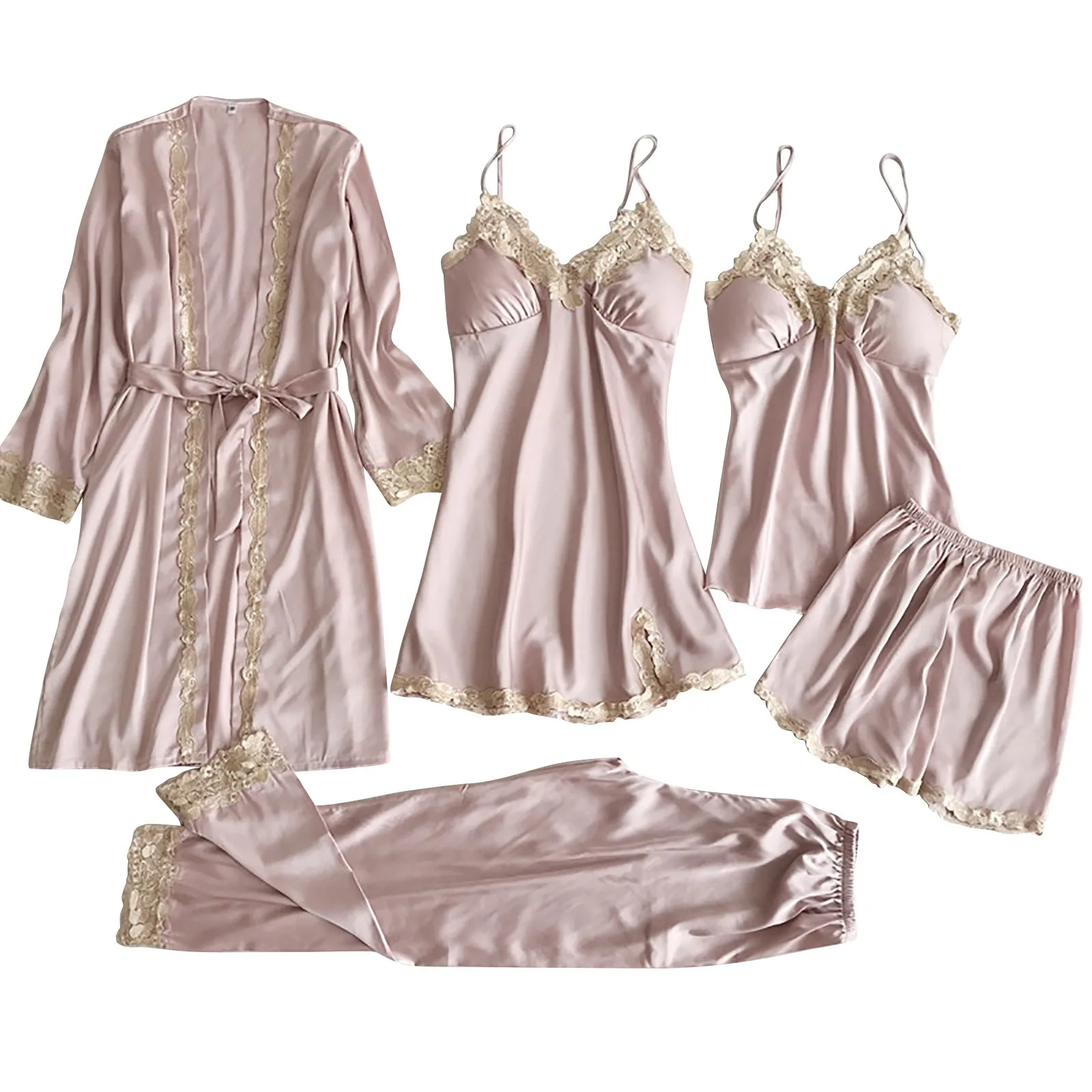 Ladies Satin Pajamas Set 5 Piece Pajamas Silk Like Lace Paneled Sexy V W Pajamas Womens Pajamas Shorts Set Sleep Shirt Dress