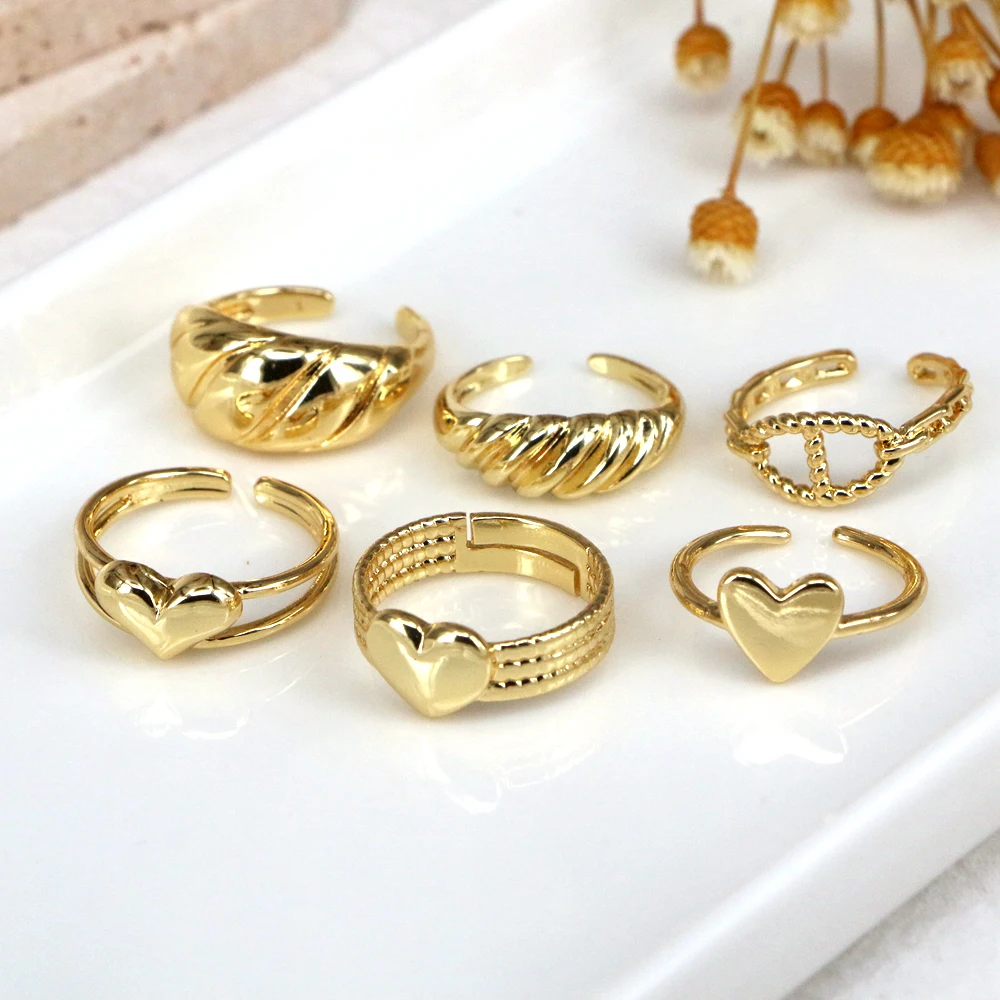 

10PCS, Women Rings Peach Hearts Copper Gold Color Fashion Geometric Band Jewellery Ring Stacked