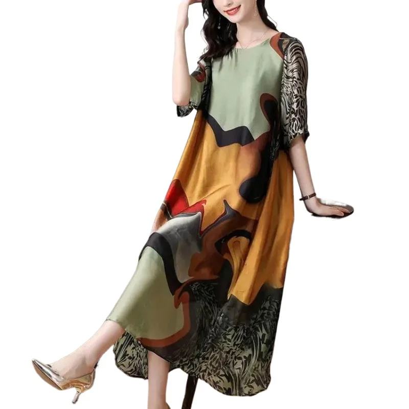 Loose Print Mulberry Silk Maxi Dress Summer Vintage 4XL Plus Size Chiffon Dress Women Elegant Bodycon Party Vestidos