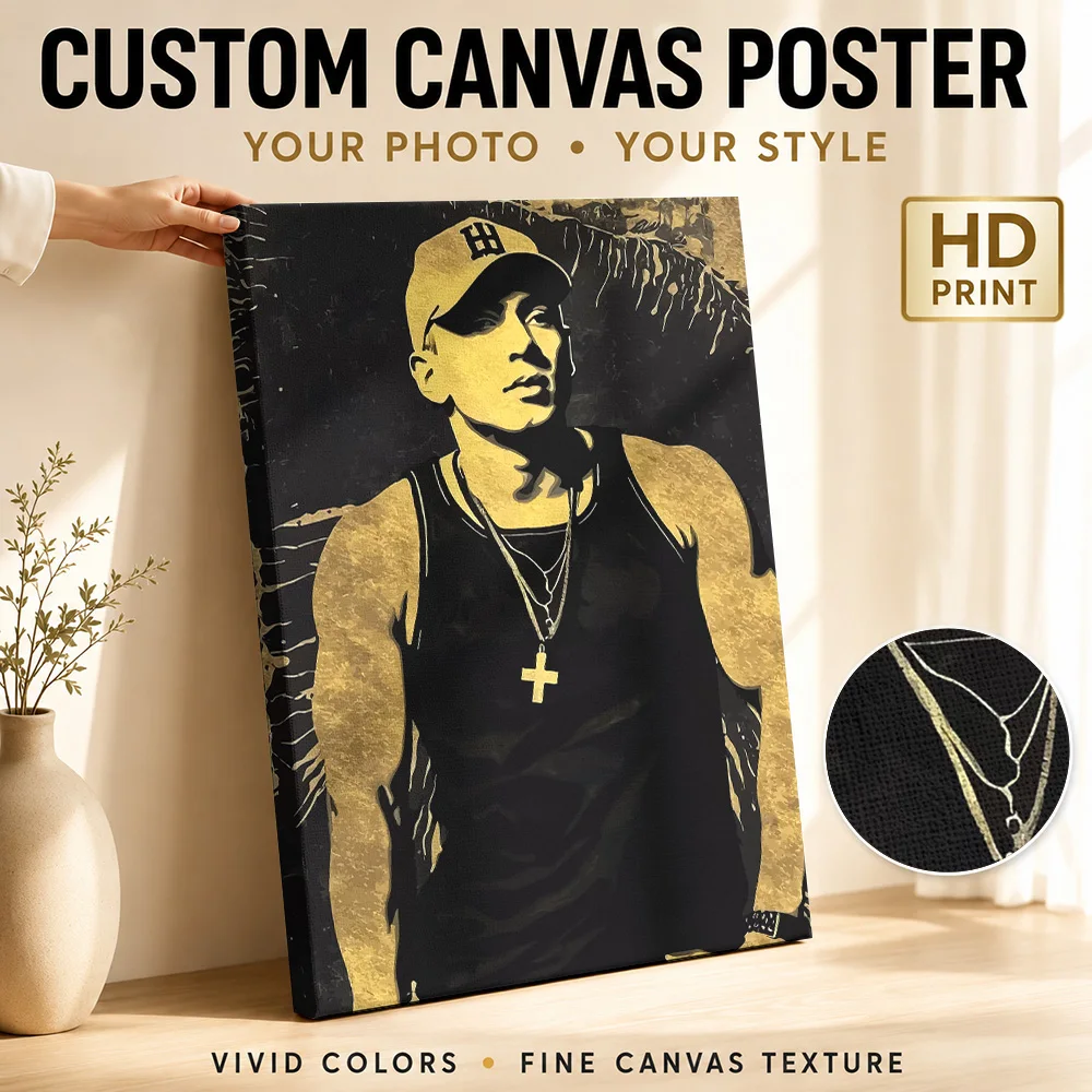 Eminem In Cap And Sleeveless Shirt Framed Canvas Poster Customized Photo Golden Stencil Shading Wall Art For Recording Studio