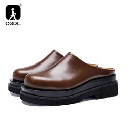 Luxury Leather Platform Man Half Slippers with Heels Genuine Leather 2024 Summer Wedding Business Social Shoes Outside Sandals