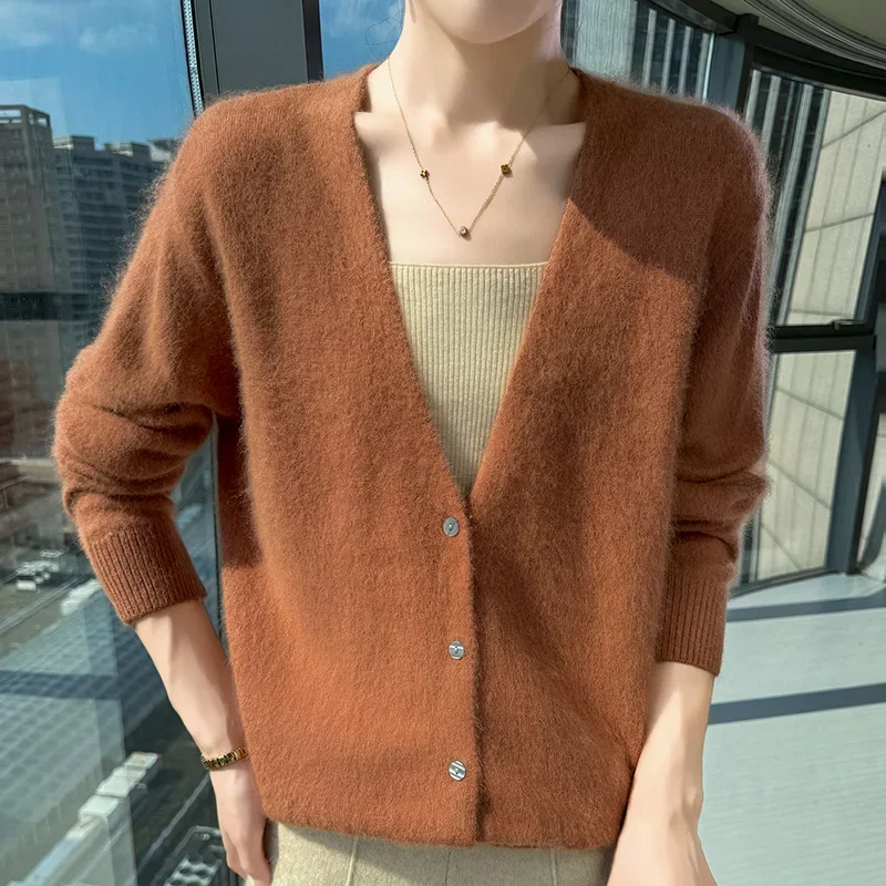 Autumn And Winter New Mink Wool Ladies Cardigan Loose V-Neck Loose Sweater Solid Color Cashmere Coat