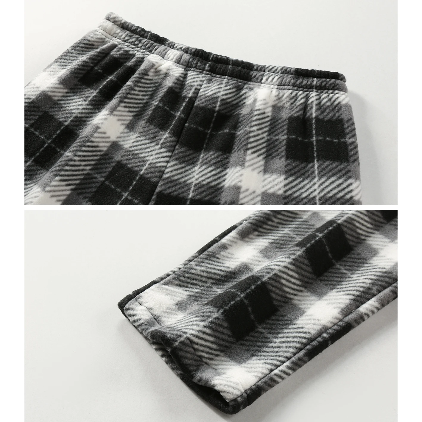 Men Plaid Fleece Wide Leg Pants, Elastic Waist Drawstring, Loose Baggy Casual Trousers, Black White Check Warm Winter Pants - view 5