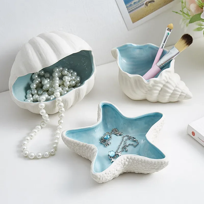 Nordic Ceramic Conch Shape Starfish Jewelry Tray White Porcelain Dessert Plate Necklace Earrings Display Storage Box Ashtray