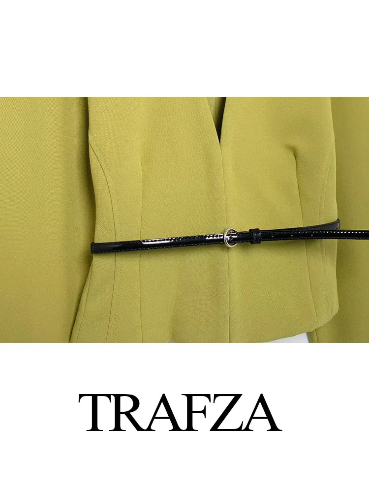 TRAFZA Women Fashion Long Sleeved V-Neck Belt Decorate Casual Short Top Female Elegant Retro Solid Color Slim Coat Top Mujer