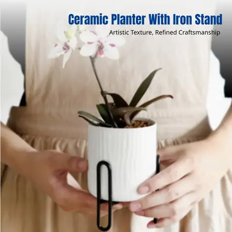 Nordic Minimalist Ceramic Planter, Iron Stand, Small Opening, Desktop Decor