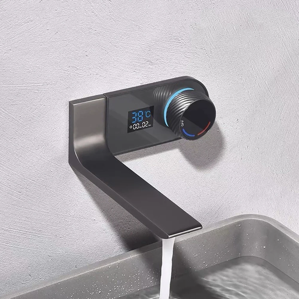 Torayvino Wall Mount Basin Faucet Digital Temperature Display Single Handle Cold and Hot Mixer Tap Gun Gray Bathroom Sink Faucet