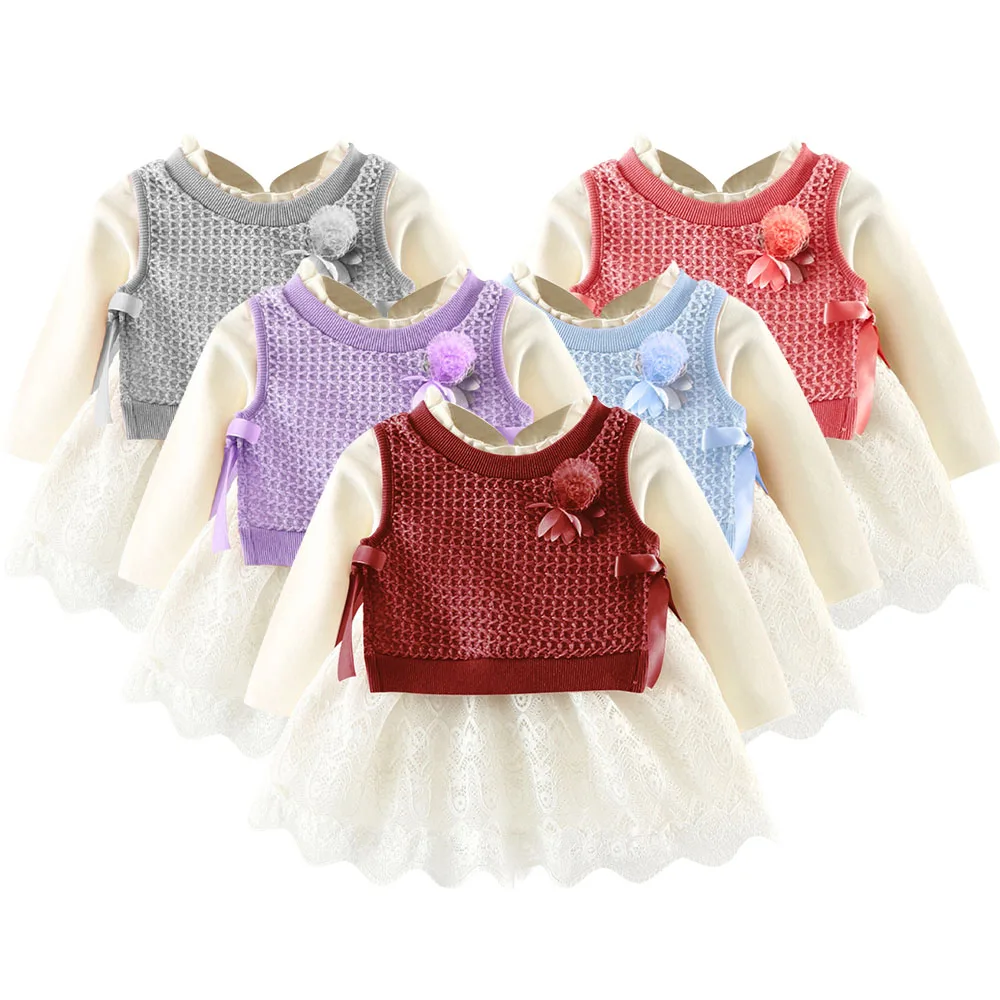 Autumn Spring Cute Baby Girls Dress Knitt Jacket Long Sleeves Dress 2Pcs Sets Infant Baby Newborn Princess Dress Casual Clothing