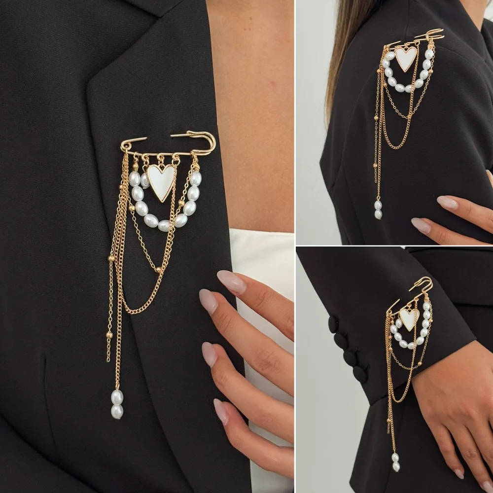 Elegante Perlen-Mehrschicht-Brosche für Damen Gold Silber Farbe Quastenkette Anstecknadeln Modeschmuck Kleidungszubehör