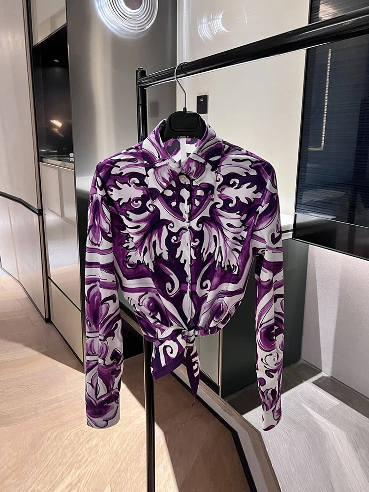 

Spenneooy Spring Summer Fashion Vintage Print Cotton Blouses Women's Turn-down Collar Long Sleeve Short Style Slim Shirt