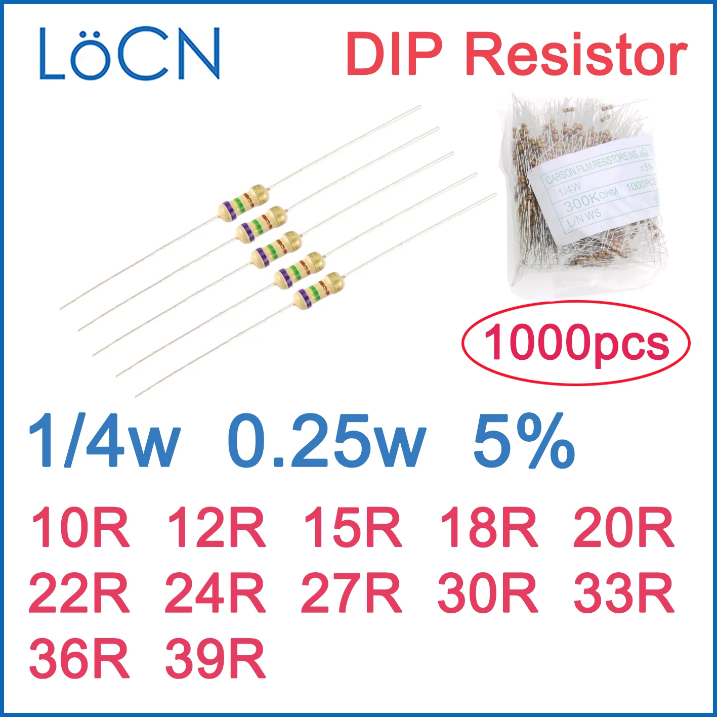 1000pcs 5% 1/4W ตัวต้านทานฟิล์มคาร์บอน DIP 10R 12R 15R 18R 20R 22R 24R 27R 30R 33R 36R 39R โอห์มสีแหวน 0.25w
