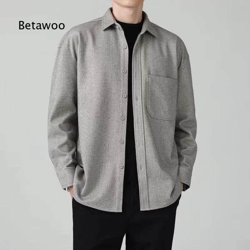 Korean Style Wool Blend Long Sleeve Shirt For Men Warm Elegant Casual Blouse Stylish Inner Layer Garment Suitable For Autumn An