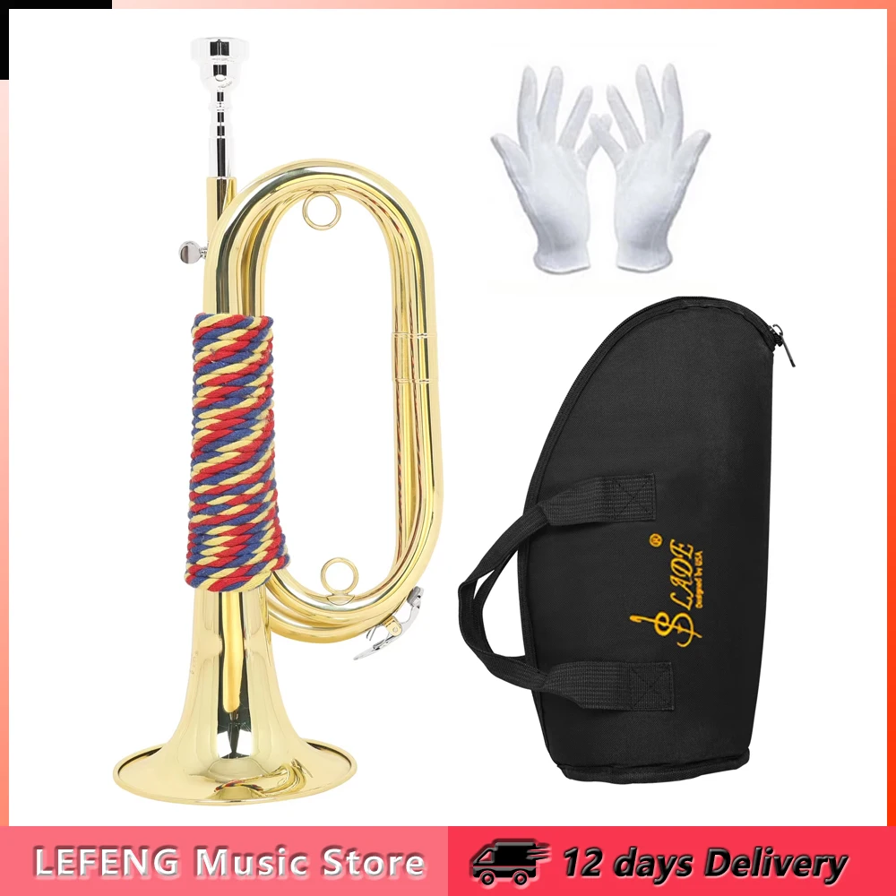 SLADE LDS650 Military Trumpet Bb Bugle Brass Body Army Horn Colorful Braided Handle Military Bugle Brass Instrument with Bag