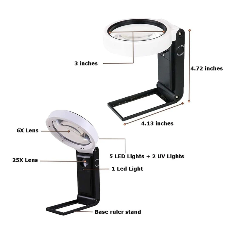 Magnifying Glass With Light And Stand, Hands Free Handheld 6X 25X Adjustable Folding Magnifier With Led Lighted