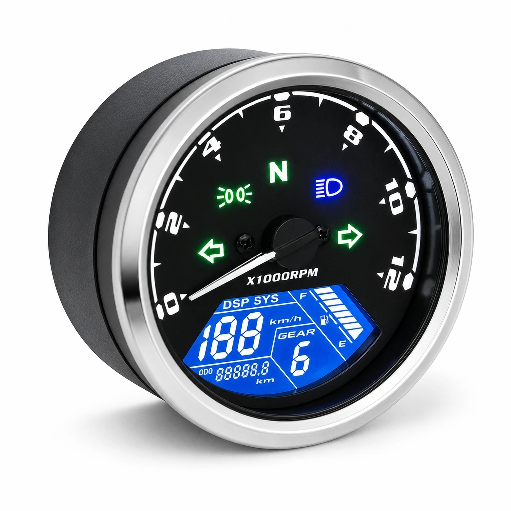 Universal 12V Round Retro Motorcycle LCD Speedometer Tachometer Odometer Fuel Level Gauge Modified Digital Instrument For Cafe R