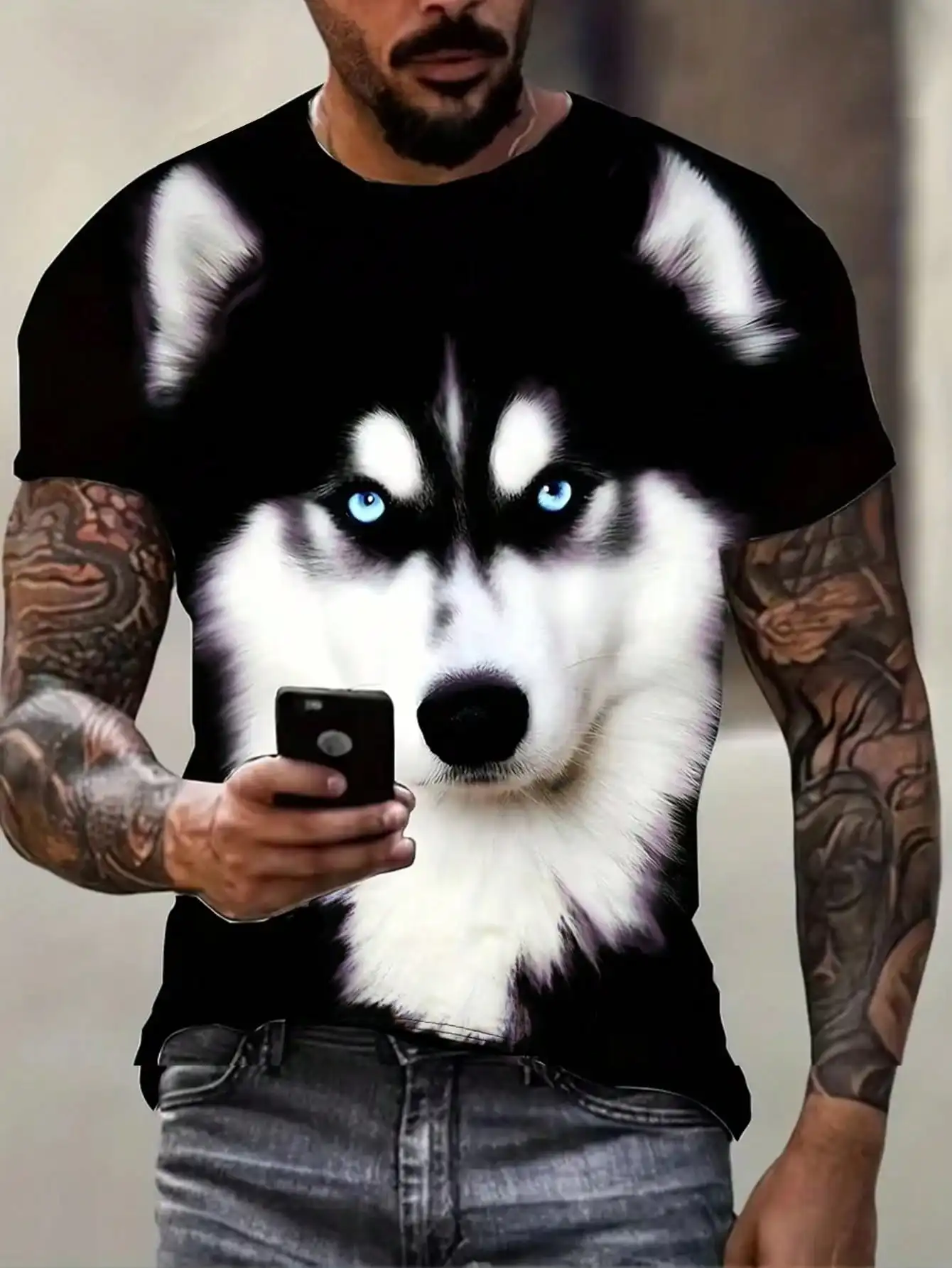 

Men's Black Short Sleeve T-Shirt with Realistic Canine Face Print