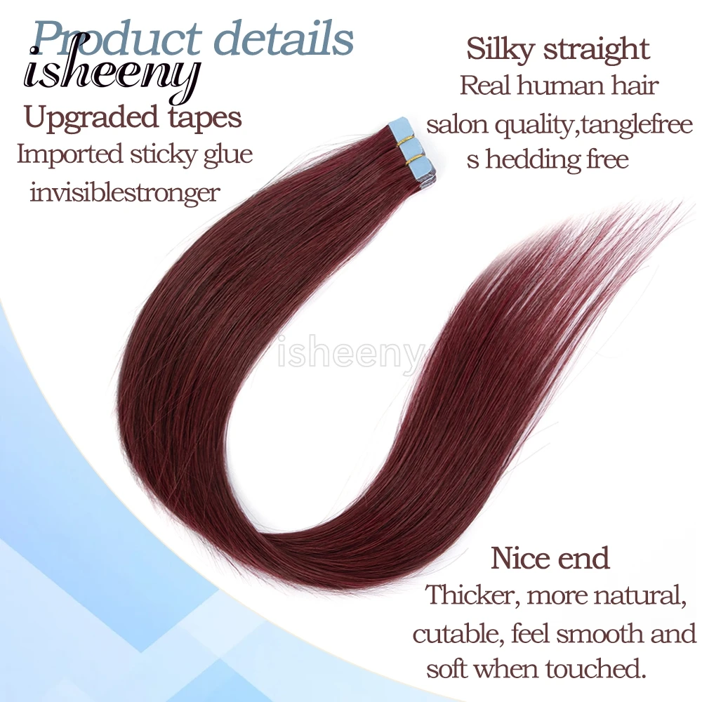شريط صغير غير مرئي أحمر من isheeny في الشعر البشري 12 بوصة 16 بوصة 20 بوصة شريط شعر بشري ريمي حقيقي 10 قطعة/الحزمة للشعر المخرج