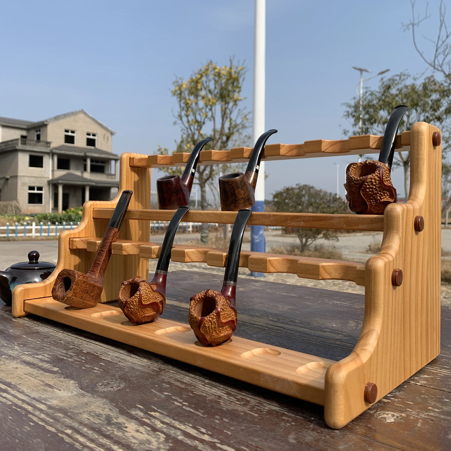 

Подставка для табачных труб для 16 труб, прочная стойка для труб из натурального массива дерева, дизайн с 16 слотами, двухслойный деревянный держатель для труб