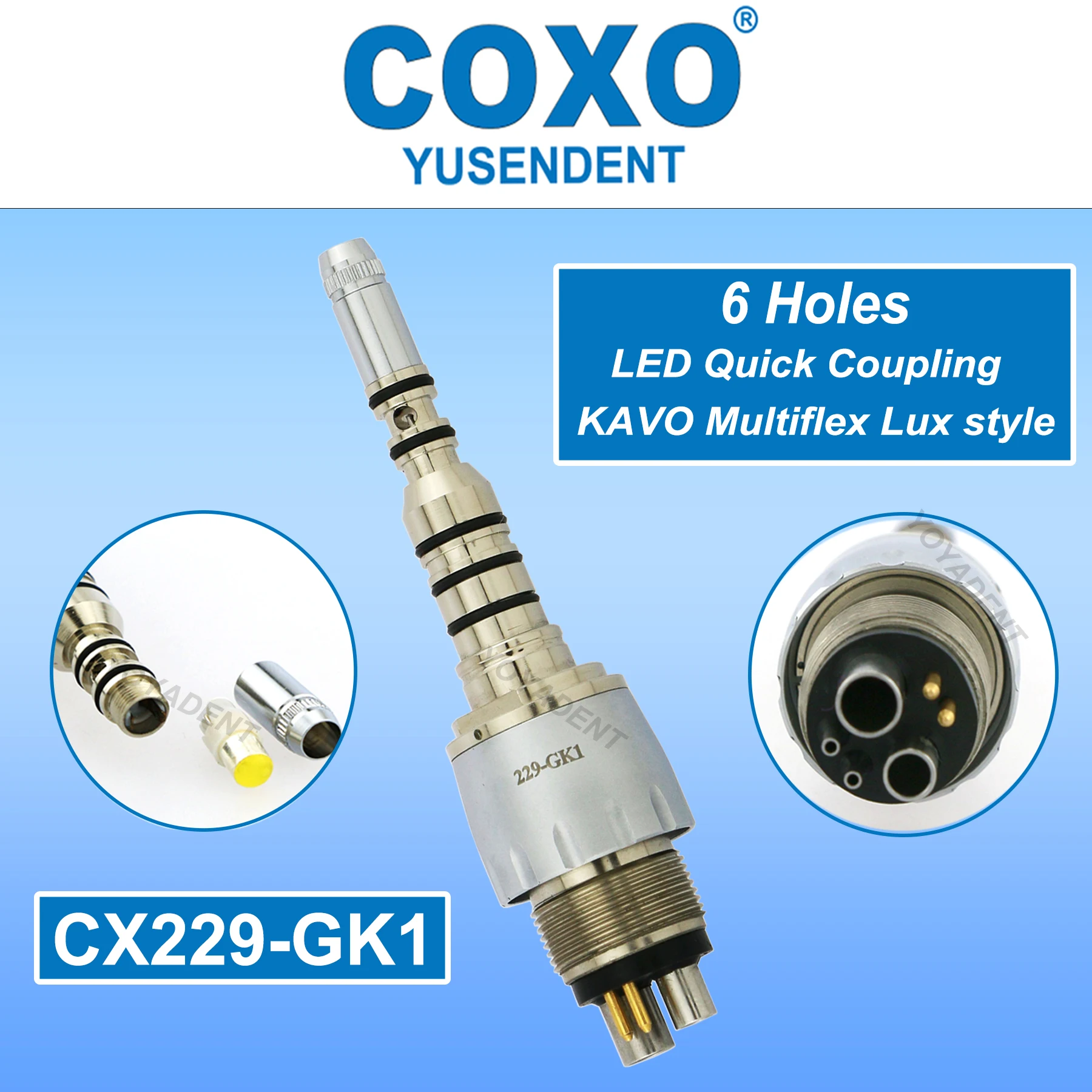 

Стоматологический светодиодный соединитель COXO, 6-контактный адаптер 360 ° Регулятор воды GK1Fit Kavo Multiflex Волоконно-оптический наконечник Стоматологические инструменты