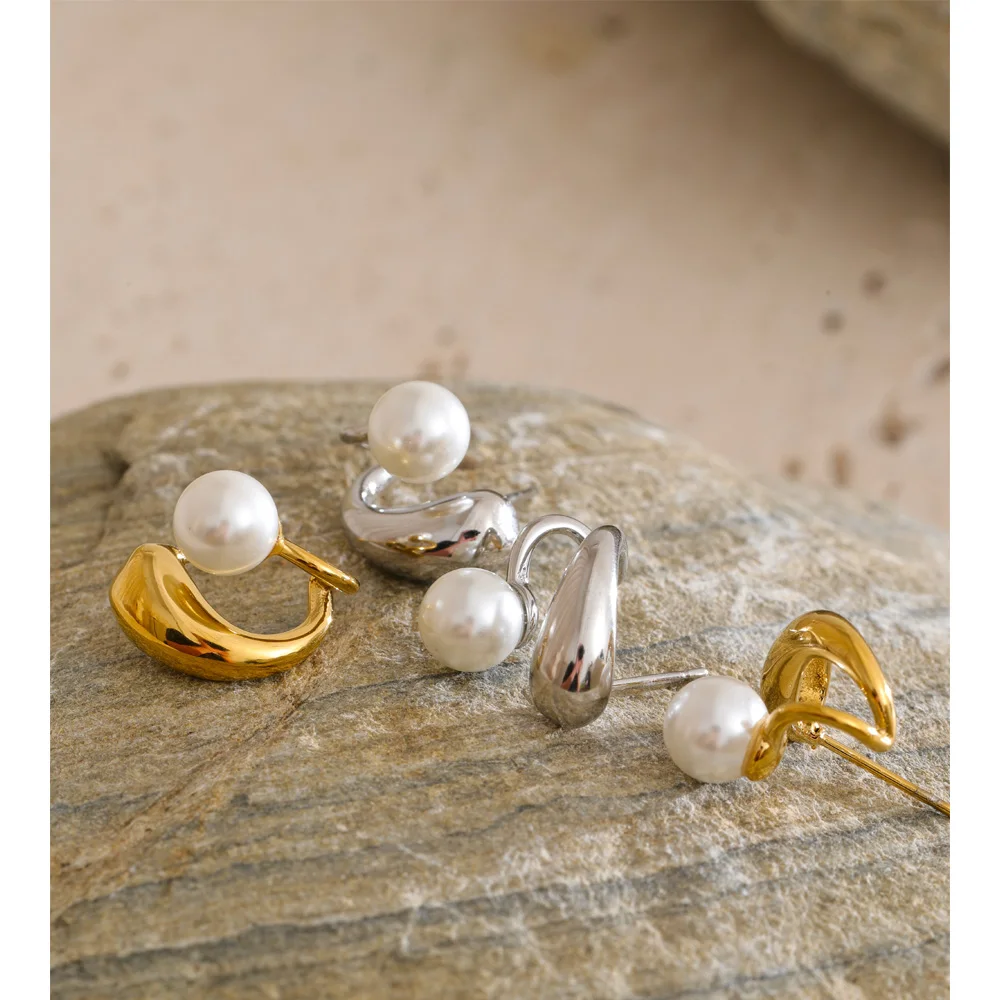Yhpup Popular Stainless Steel Fashion Design Pearls Geometric Earrings Korean Style Chic Distinctive Jewelry Tarnish Resistant