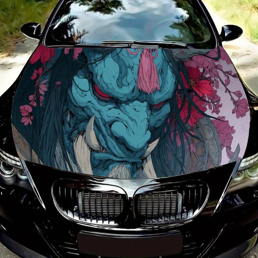 

Blue Faced Demon Print PVC Car Vinyl Wraps, Self-Adhesive Waterproof Car Hood Decal Sticker, Car Decoration Protection Stickers