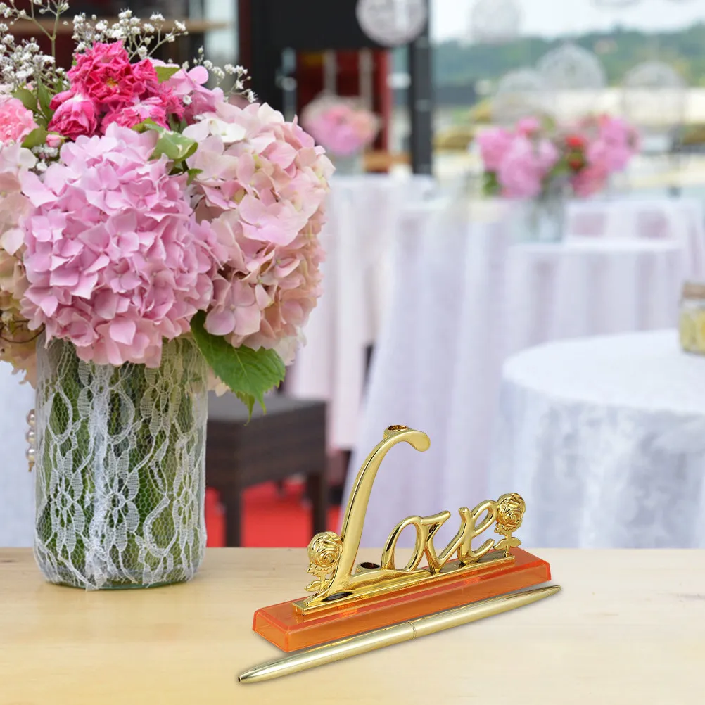 1Set Romantic Wedding Guest Book Pen Set Metal Construction Golden Rose Love Inscription Signing Desk Decor Bridal Shower