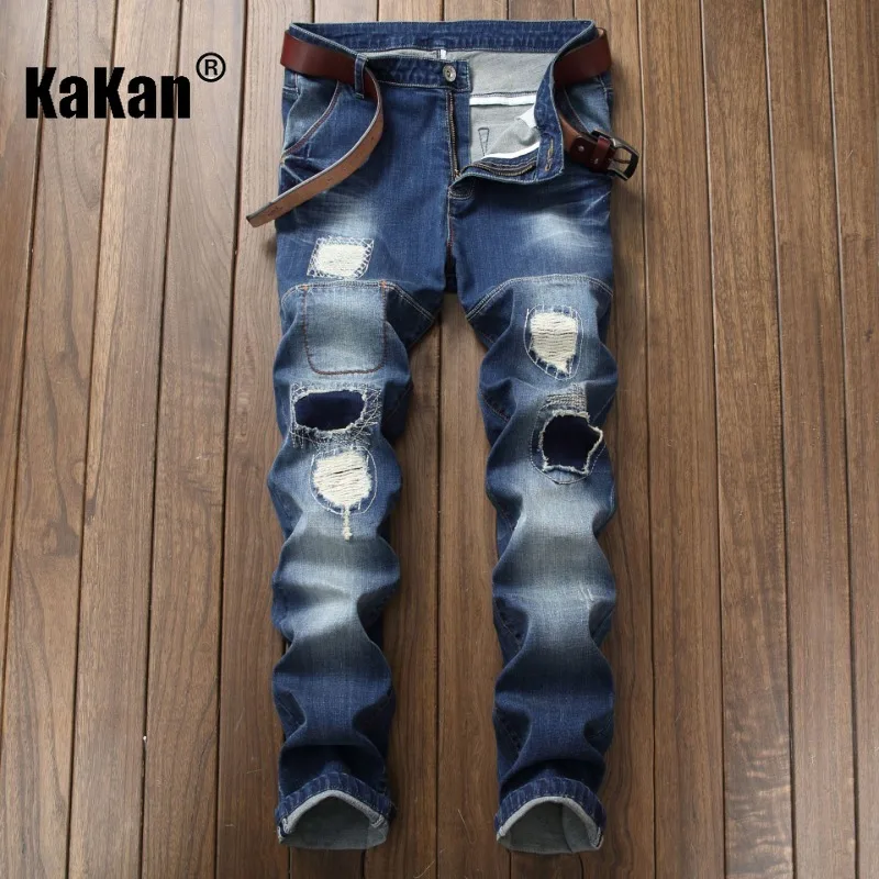 

Kakan - European and American New Personalized Perforated Embroidered Jeans for Men, Knee Patch Long Jeans K2-8522