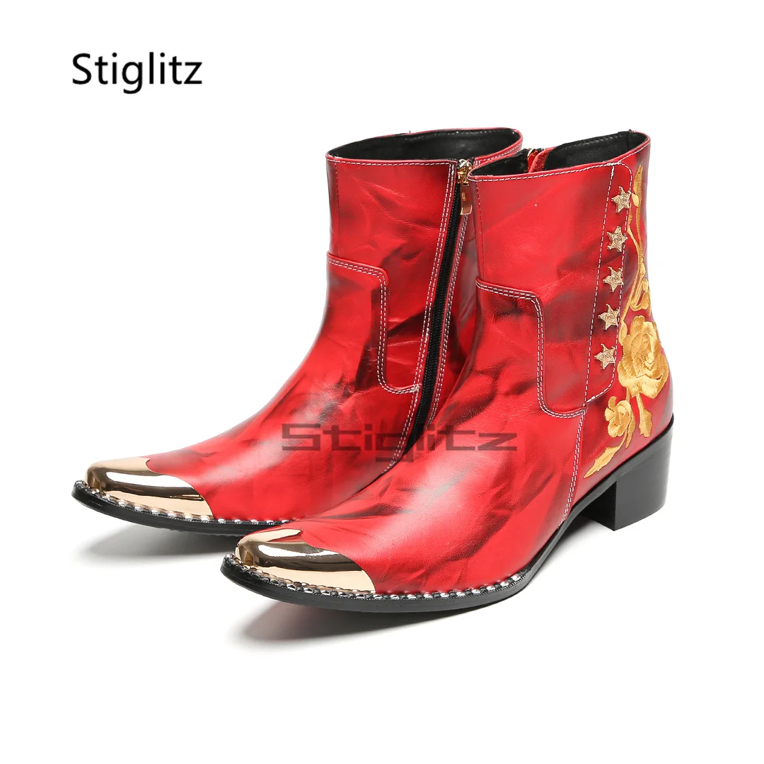 Men's Red Genuine Leather Chelsea Boots High Heels Metal Toe Ankle Boots Luxury Gold Flowers Print Side Zip Wedding Shoes