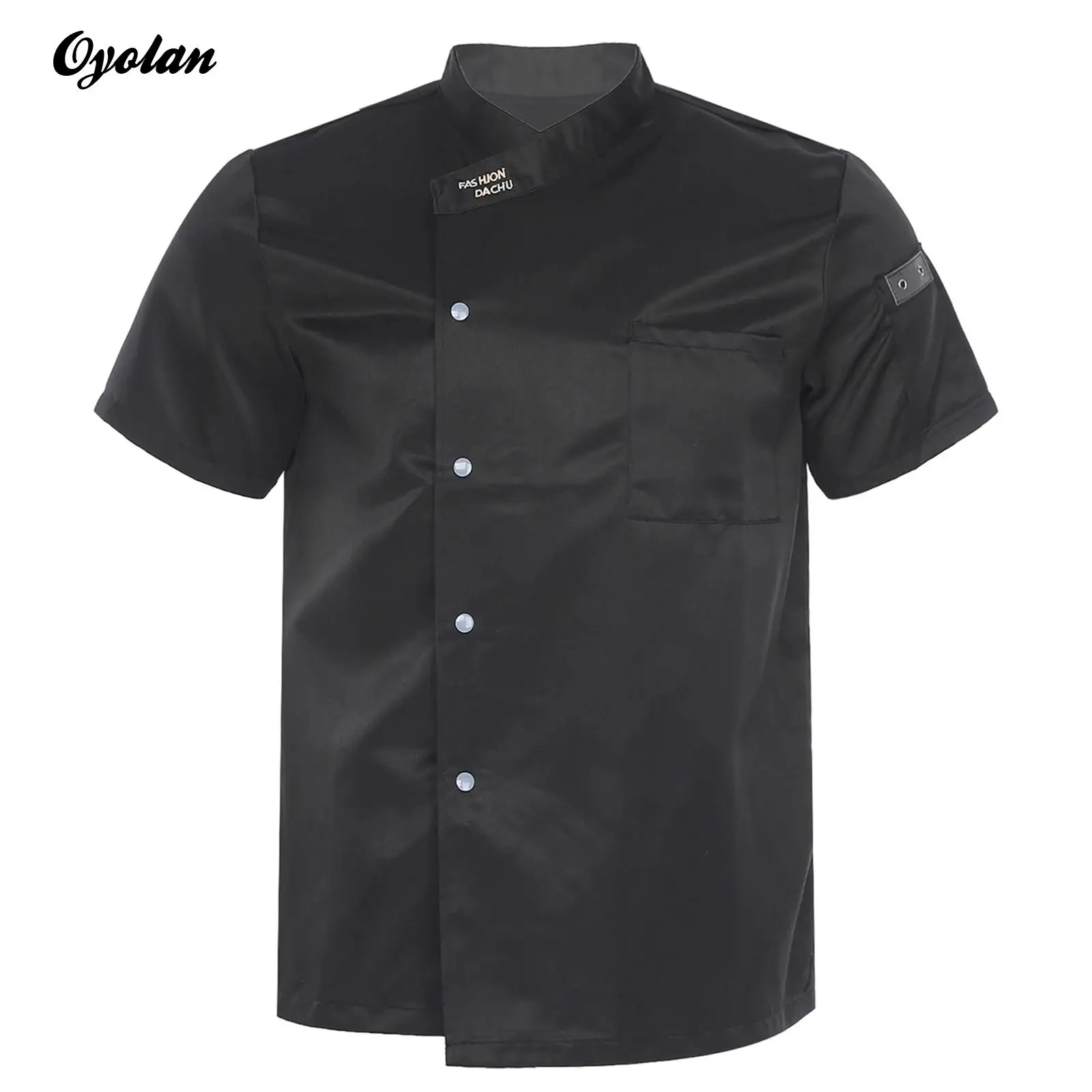 Abrigo de Chef para hombre, cuello simulado, manga corta, botón de presión, chaqueta de cocinero trasera de malla transpirable, Tops de cocina para Hotel, restaurante y cantina