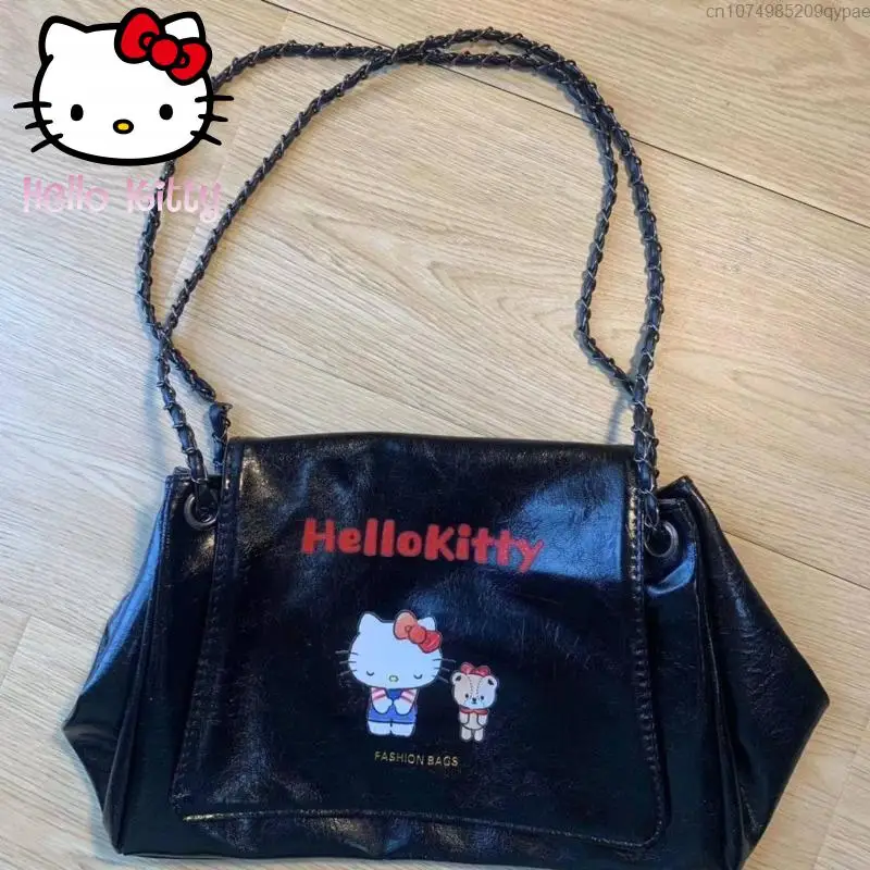 kawaii Hello Kitty Simple Chain One Shoulder Bag Y2k Women Cartoon Printing Textured Handbag  Korean Style Casual Crossbody Bag