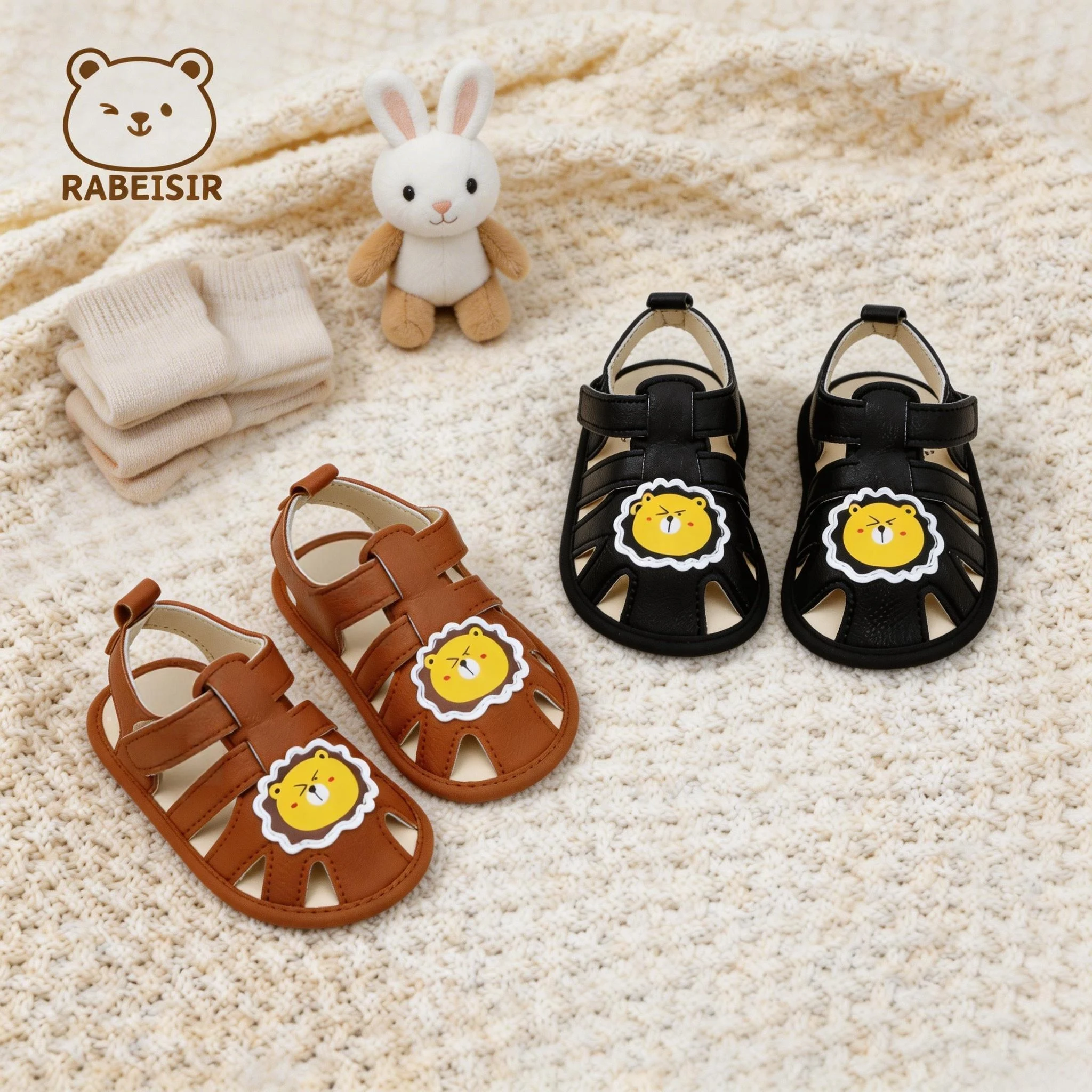 Cartoon Lion Closed-Toe Sandals with Velcro Soft Sole Baby Walking Casual Shoes