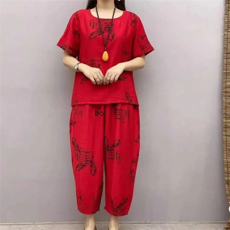 Camicetta di lino di cotone con stampa in stile etnico retrò Boho da donna Set di due pezzi estate Casual allentata manica corta top pantaloni da