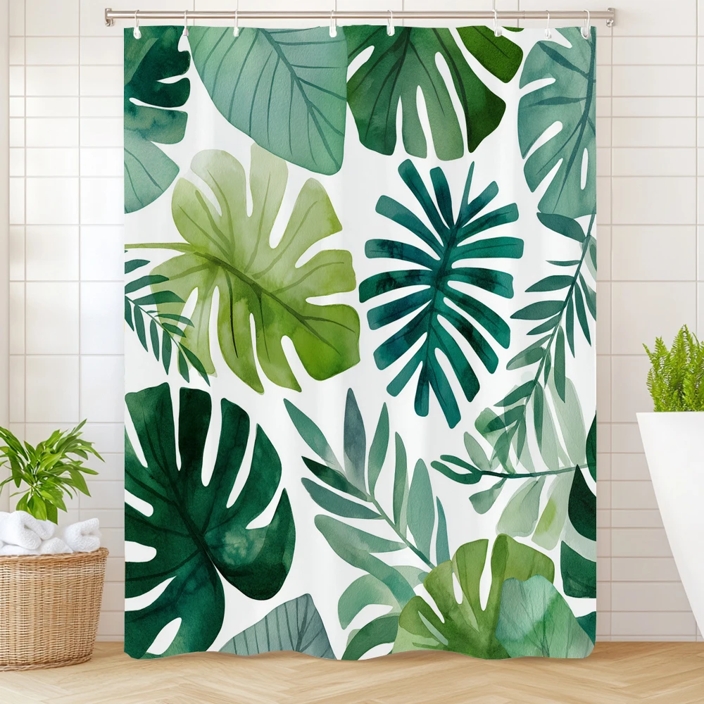

Занавеска для душа с принтом зеленых листьев монстеры, декоративная, с 12 крючками, машинная стирка