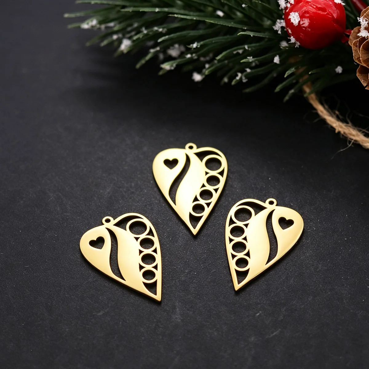 3PCS Special Tiny Ornate Carved Heart Stainless Steel Charms, DIY Bracelet Necklace Earring Jewelry Making Bulk Supplies