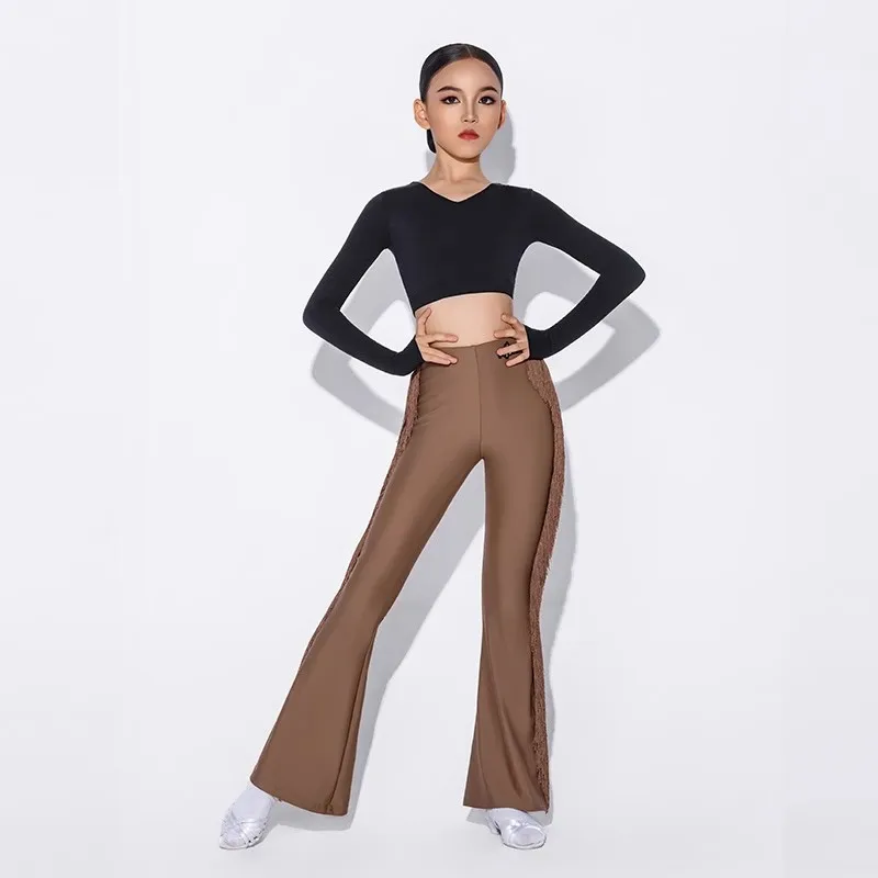 الفتيات طويلة الأكمام عارية الذراعين أعلى شرابات السراويل انقسام دعوى أزياء رقص اللاتينية تشاتشا رومبا تانجو الرقص المنافسة ارتداء DN21972 #3