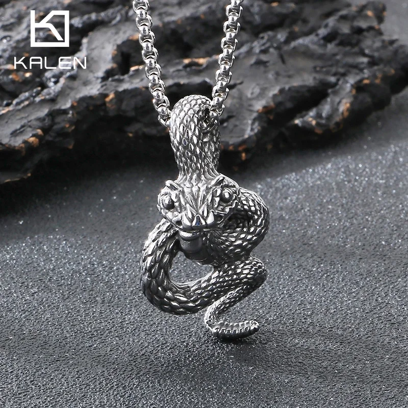 KALEN Vintage Stainless Steel Snake Pendant Necklace for Men Women Punk Chunky Animal Charm Accessory Domineering Trendy Jewelry
