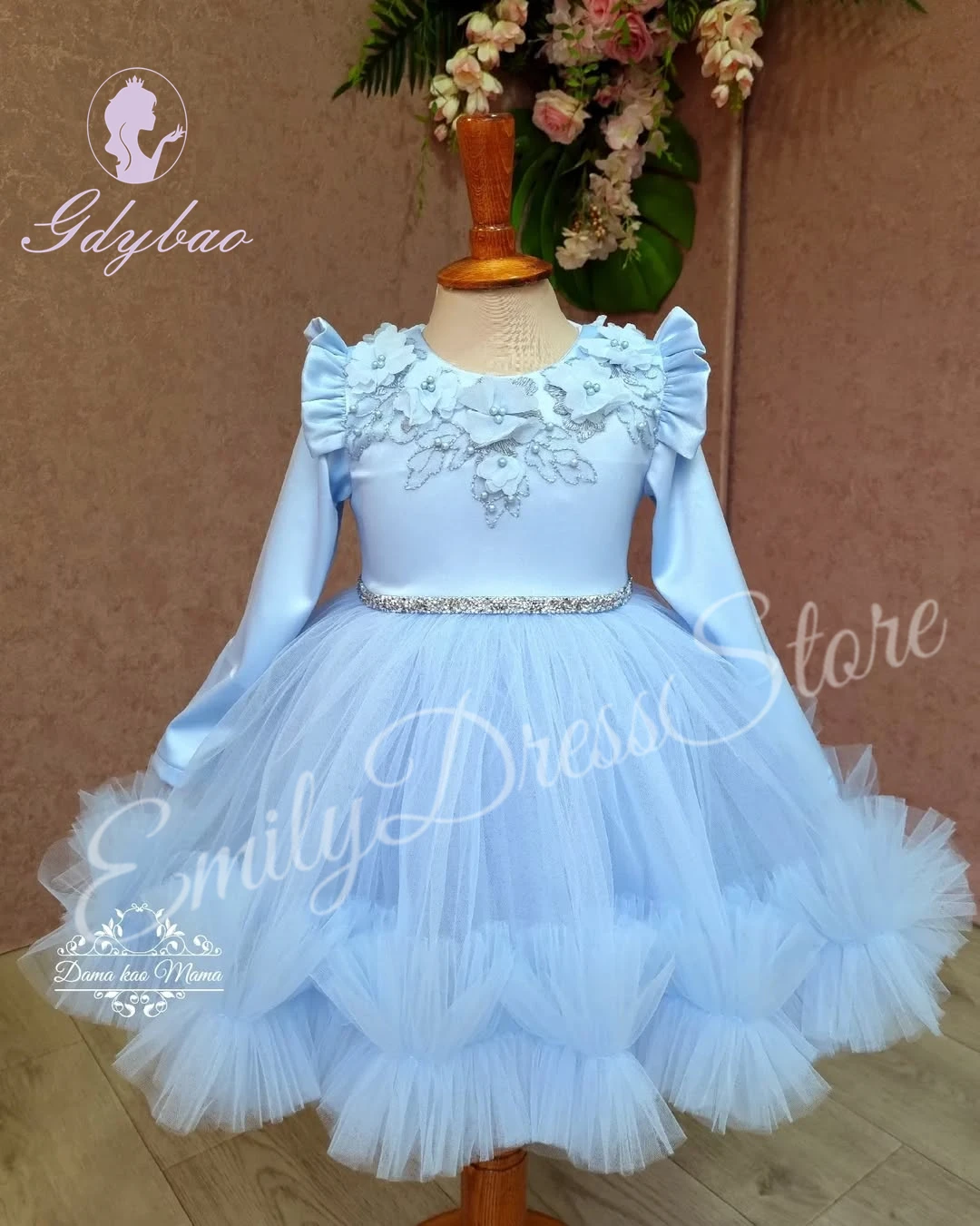 

Customized Sky Blue Flower Girl Dress For Wedding Tulle Puffy 3d Applique Pleated Baby Kids Baby Birthday First Communion Gown