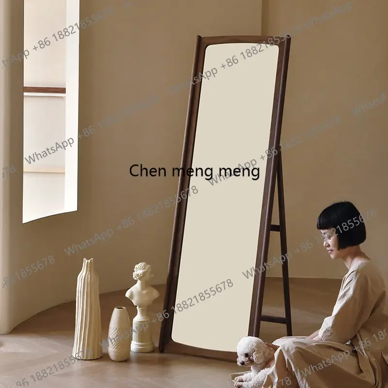 A68Floor-to-ceiling full-length mirror Nordic Japanese black walnut solid wood frame fitting, stereoscopic full-body mirror