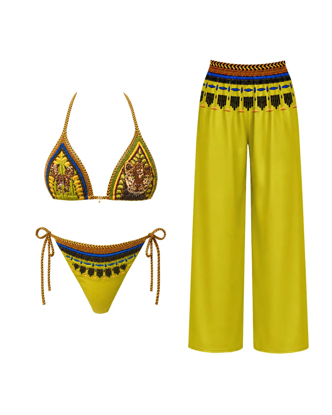 

Vintage Printed Triangle Bikini With Wide-leg Pants Set Women's 3Pcs Swimwear Fashion Lady Lace Up Bathing Suit Mujer Beachwear