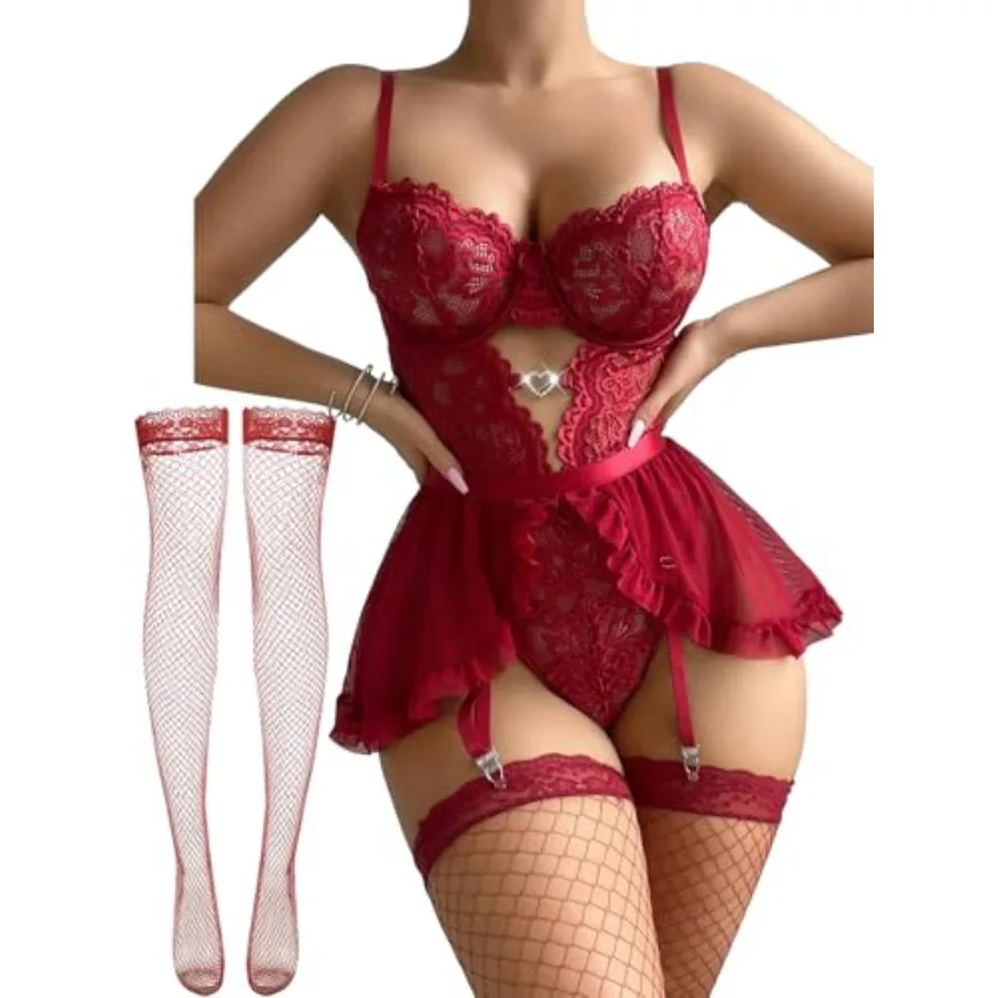

Alrovetoney Women Lingerie with Garter Belt 4pcs Set Lace Contrast Mesh Bodysuit Ruffle Garter Belt Skirt With Stockings
