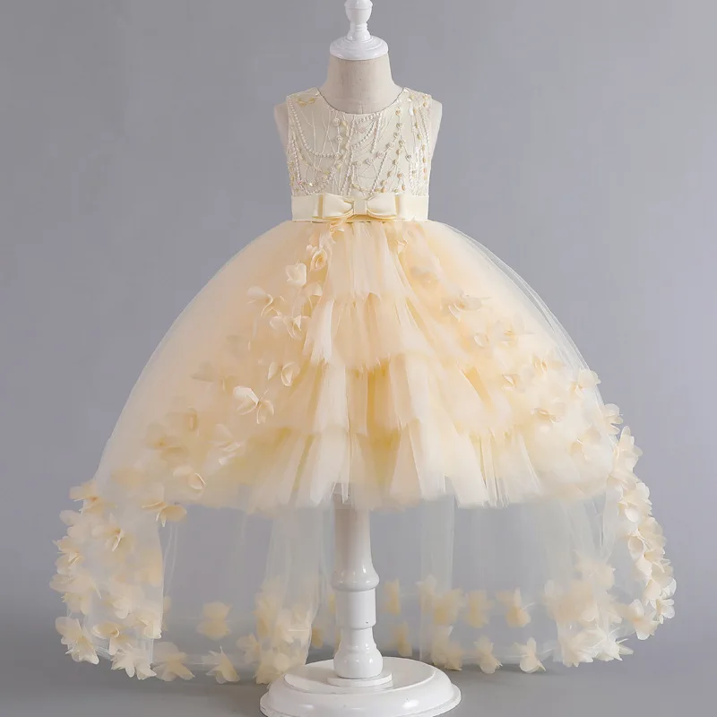 Vestido de cola para niñas, vestido de fiesta de princesa, vestido de boda elegante con flores, vestidos de cumpleaños con lazo grande para niñas y niños