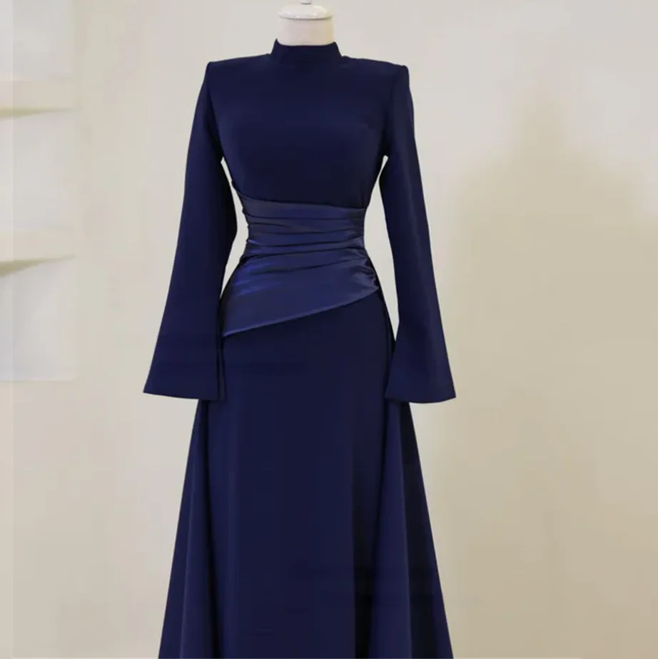Robes de bal élégantes personnalisées, col haut, manches longues, style sirène, robes formelles musulmanes en Satin, dubaï