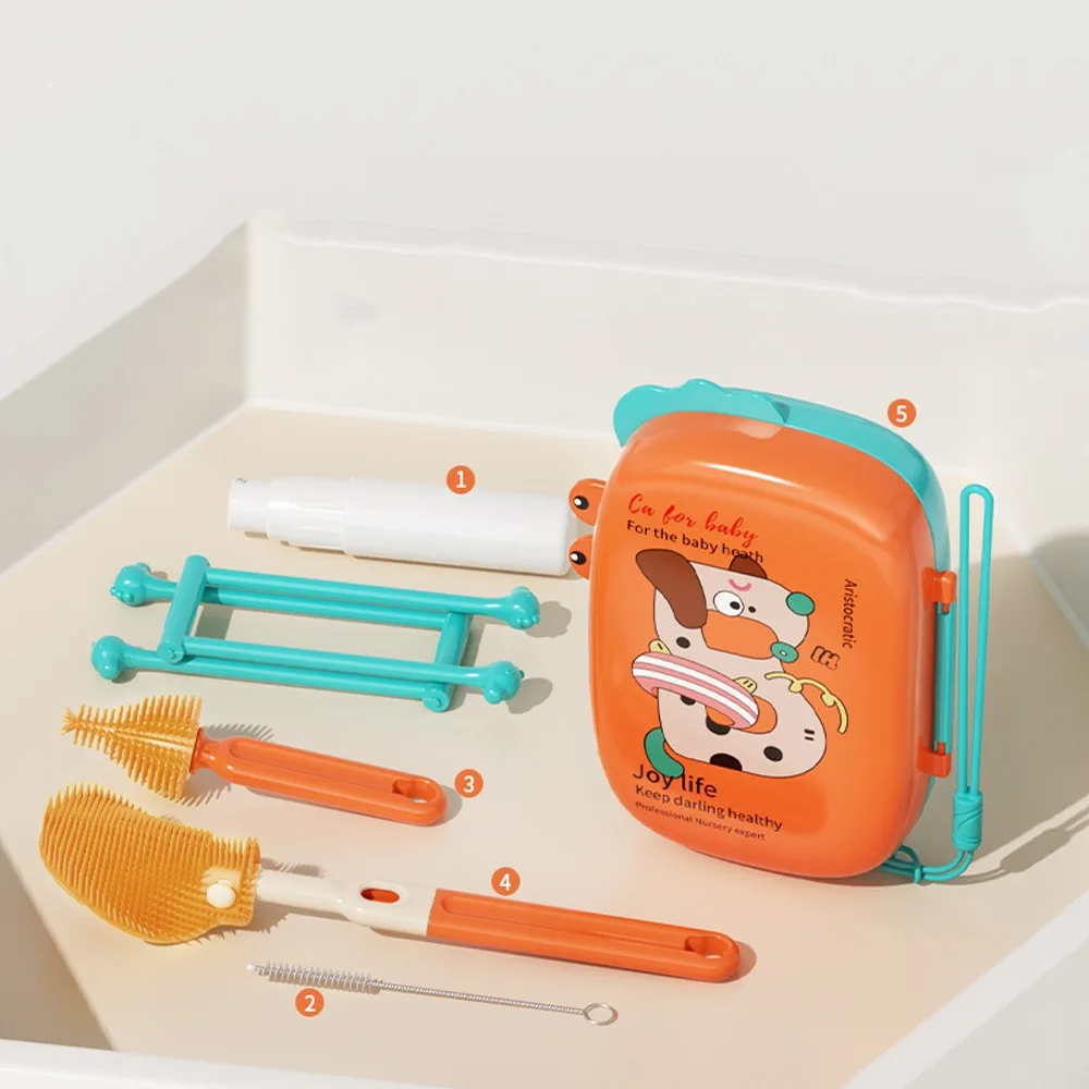 

5-in-1 Baby Bottle Brush Set Built-in Drain Rack Drying Rack Nipple Straw Cleaning Brush Portable Space Saving