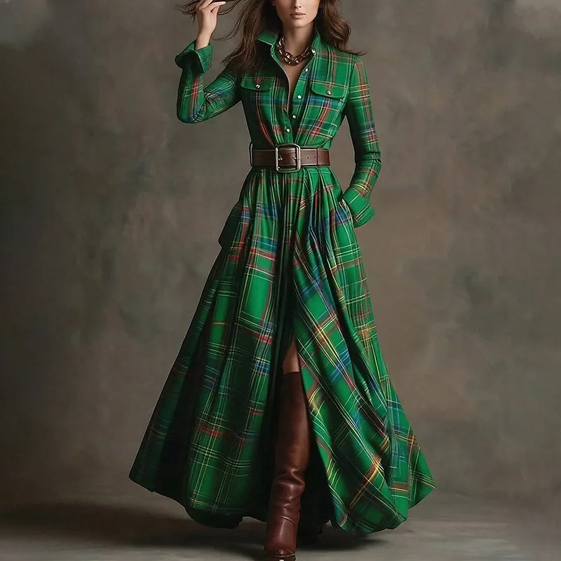 Abito lungo con stampa a quadretti retrò Donna Elegante colletto rovesciato Abito lungo con bottoni Abito Boho con tasca a maniche lunghe primaverili