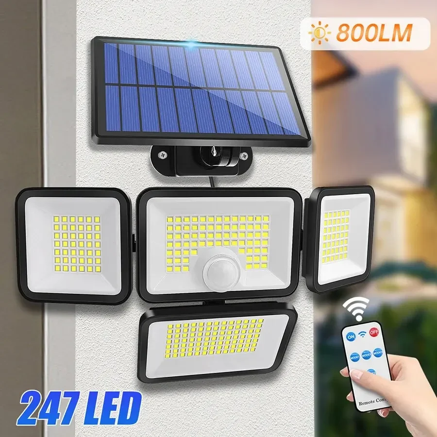 

Nice Solar Lights For Outside 247 LED IP65 Waterproof 800lm Solar Wall Lamp With Remote Control 4 Heads Solar Flood Street Light