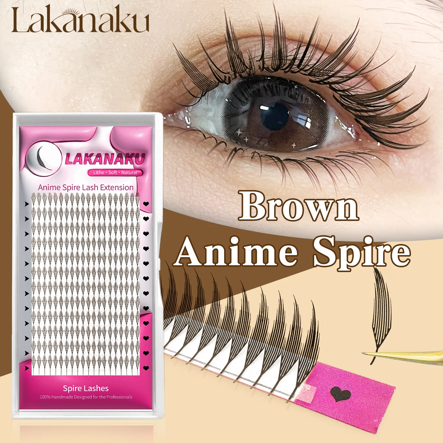 LAKANAKU 깃털래쉬 다크 브라운 만화 스파이어 속눈썹, 깃털 속눈썹, 연장 스파이크 선풍기, 러시아어 개별 볼륨, 애니메이션 청크 스트립 속눈썹, 신제품